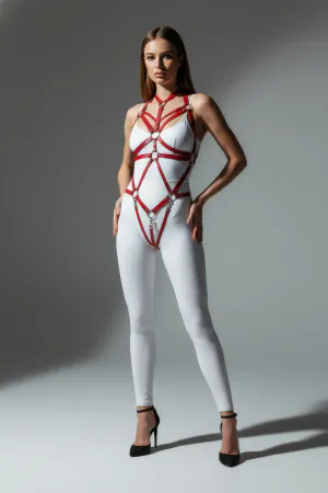 Red faux leather full body harness with interlocking rings and silver hardware