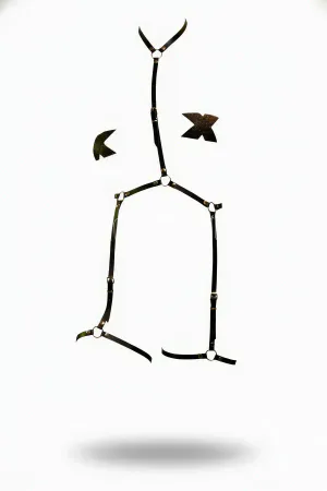Black Faux Leather Full Body Harness with Silver O-Rings and Adjustable Leg Garters