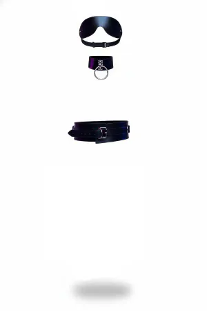 Black Faux Leather Eye Mask O-Ring Collar Wide Waist Belt Set