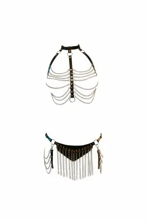 Siyah Suni Deri Zincir Detaylı Bel ve Göğüs Harness Seti, Metal Zincirlerle