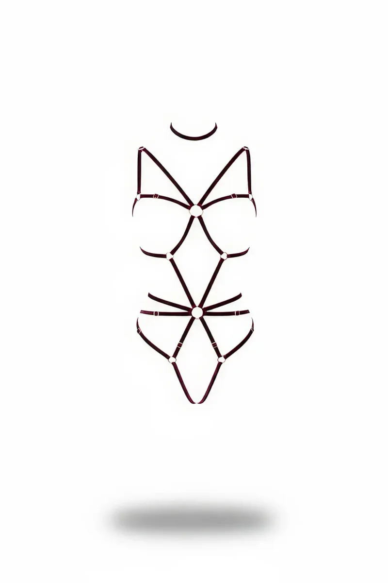 Bordo Faux Leather Tam Vücut Harness Kadın Metal Halka Detaylı