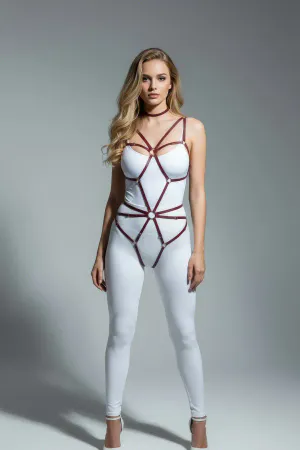 Black geometric faux leather body harness with O-ring and adjustable straps