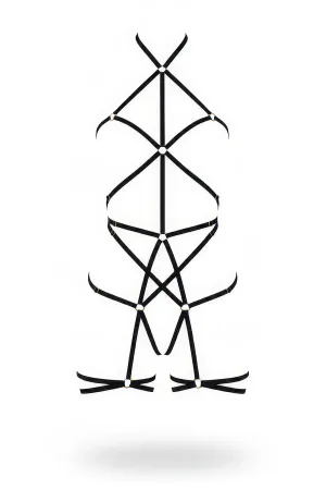 Black vegan leather strappy cage body harness with multiple O-rings