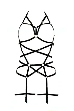 Black vegan leather full body harness with adjustable straps and detachable garter straps.