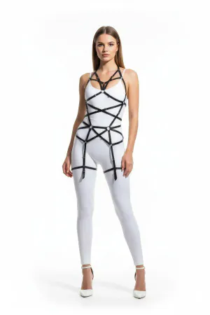 Black faux leather strappy body harness with O-ring