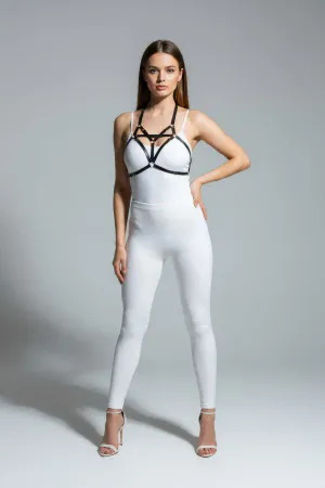 Black Faux Leather Multi-Strap Chest Harness for Women with central O-ring detail