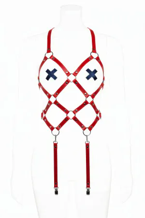 Kırmızı Faux Leather Body Harness X-Desenli Garter Straps Metal Halka Detaylı