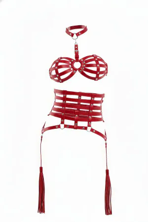 Red Vegan Leather Caged Harness Set with O-Ring Details