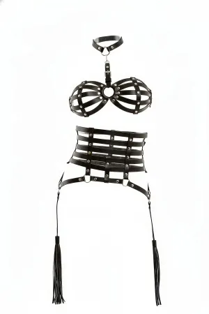 Black Caged Faux Leather Harness Lingerie Set with Corset Garter Tassels