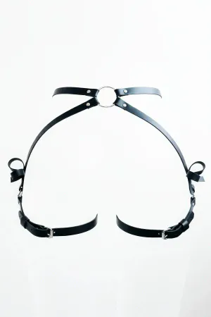 Black O-Ring Thigh Harness Faux Leather Adjustable Straps Bow Accents