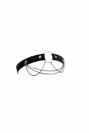 Black Faux Leather O-Ring Neck Harness with Draped Silver Chains and Rivets Front View