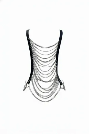 Black Faux Leather Waterfall Chain Body Harness with Cascading Silver Chains