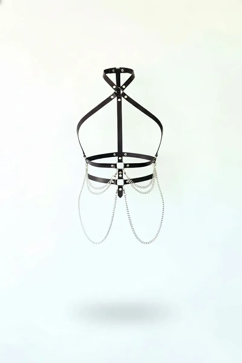 Black Faux Leather Halter Neck Body Harness with Layered Silver Chains