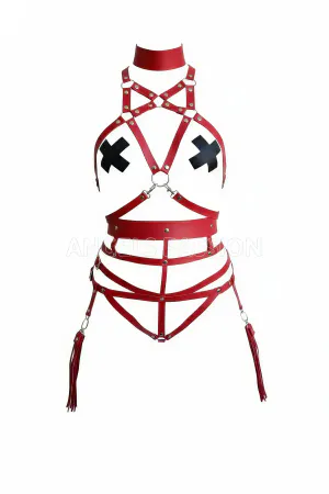 Red Faux Leather Full Body Harness Choker Leg Straps with Tassels