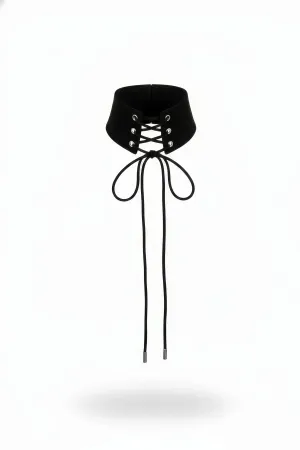Black Faux Leather Wide Choker with Corset Lace-Up Detail