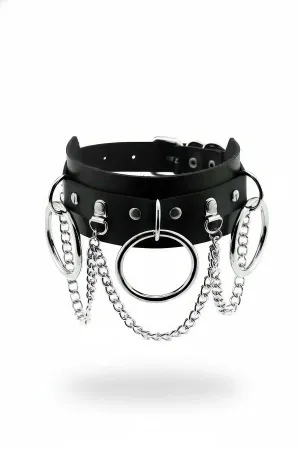 Black faux leather choker with central O-ring and draped silver chains