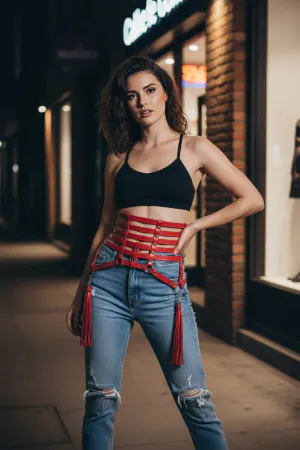 Red Vegan Leather Caged Waist Harness with Detachable Tassels
