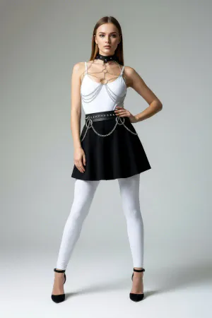 Black Faux Leather Harness Set with Choker, Draped Body Chain, and Studded O-Ring Waist Belt