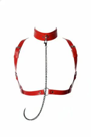 Red Faux Leather Chest Harness with Choker and Detachable Gunmetal Chain