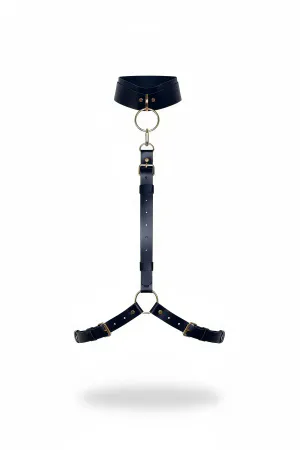 Black faux leather choker neck body harness with gold-tone O-ring and adjustable straps