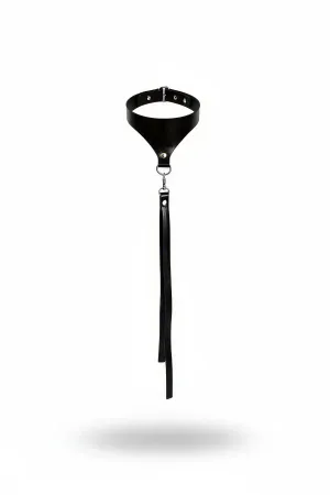 Black faux leather choker with a dangling detachable tassel secured by a silver O-ring and lobster clasp.
