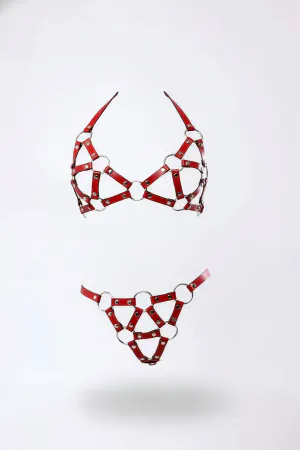Red Faux Leather Caged Harness Bra and G-String Set with Silver O-Rings