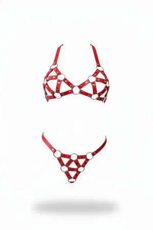Red Strappy Harness Bra and Thong Set Vegan Leather Silver O-Rings