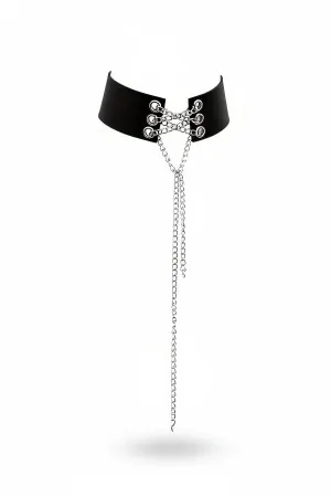 Wide black faux leather choker with silver lace-up detail and long hanging chain