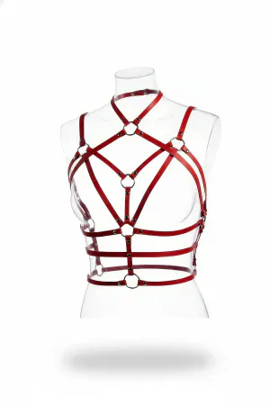 Red Faux Leather Caged Body Harness with Choker and Multi O-Rings on Mannequin