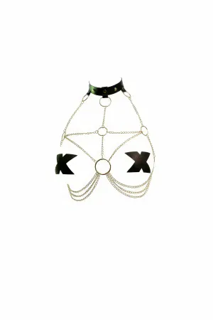 Black Chain & X-Detail Body Harness with Studded Choker Silver Metal O-Rings