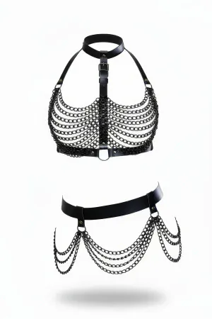 Black Faux Leather Rib Cage Chest Harness and Chain Hip Drape Set