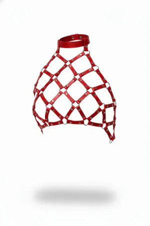 Red Faux Leather Cage Chest Harness Top with Silver Rivets