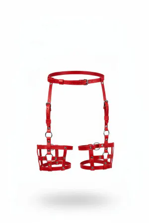 Red Caged Leg Garter Harness Faux Leather Adjustable Straps Silver Hardware