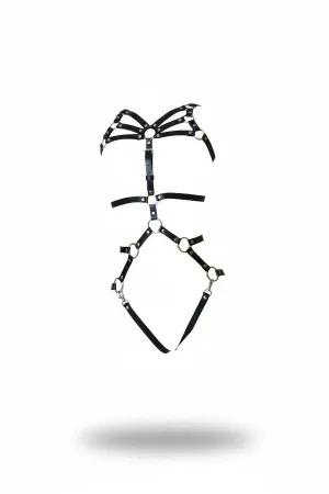 Adjustable black faux leather full body harness with silver O-rings