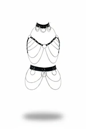 Black Faux Leather Body Harness Chain Skirt Set O-Ring Details