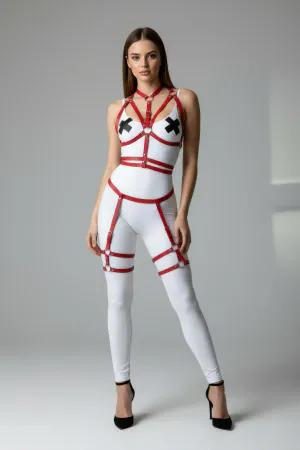 Red Vegan Leather Full Body Harness Set with Garter Straps O-Rings