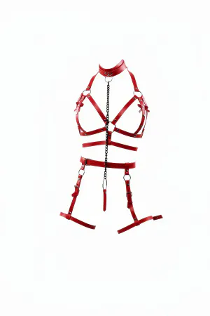 Red Faux Leather Body Harness with Choker Chain Detail and Thigh Garters