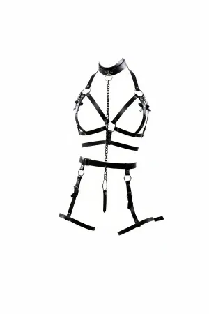 Black Faux Leather Full Body Harness with Chain Detail and Garter Straps