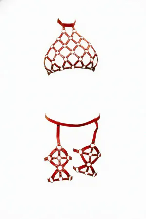 Red Vegan Leather Caged Harness Bra and Thigh Garter Set with O-rings