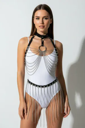 Metal Zincir Detaylı Siyah Suni Deri Body Harness Kadın