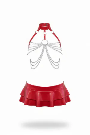 Red Faux Leather Chain Harness and Ruffled Mini Skirt Set