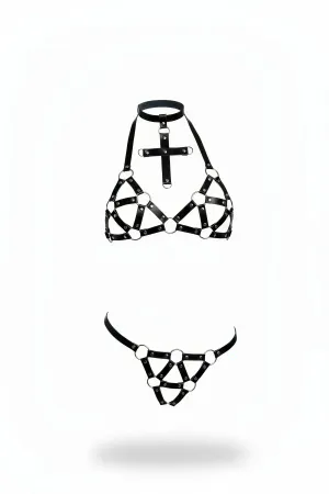 Black Faux Leather Caged Harness Bra Thong Set with Cross Detail