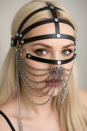 Black Faux Leather Face Harness Women Draping Chains Mask