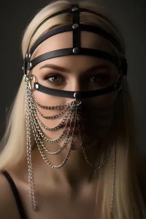 Black Faux Leather Face Harness Women Draping Chains Mask