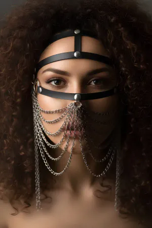Black Faux Leather Face Harness Women Draping Chains Mask