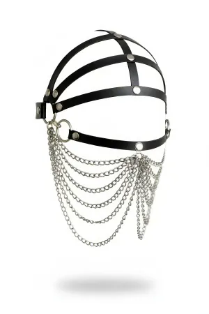 Black Faux Leather Face Mask with Cascading Multi-Chain Drape