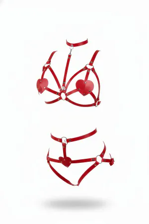 Red Vegan Leather Heart Detail Harness Bra and Garter Set with Silver Hardware