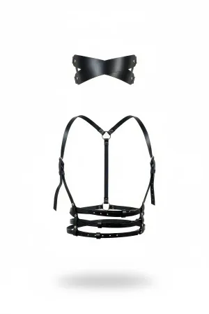 Black Vegan Leather Chest Harness Set Multi-Strap Design with Eye Mask