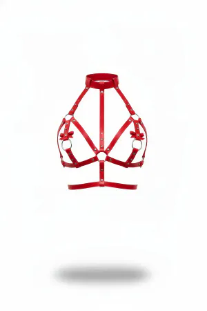 Red Faux Leather Chest Harness Bra High Collar with Bow Details