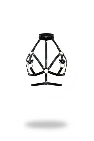 Black Faux Leather High Collar Chest Harness with Bow Details